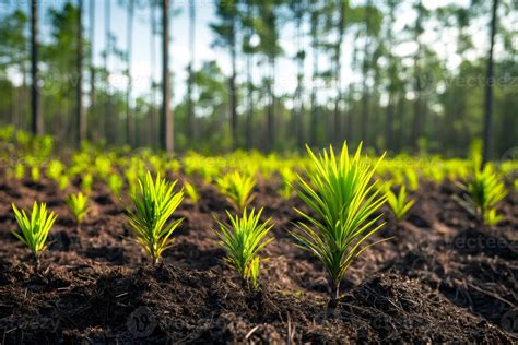 New pine tree saplings growing in reforestation plantation project