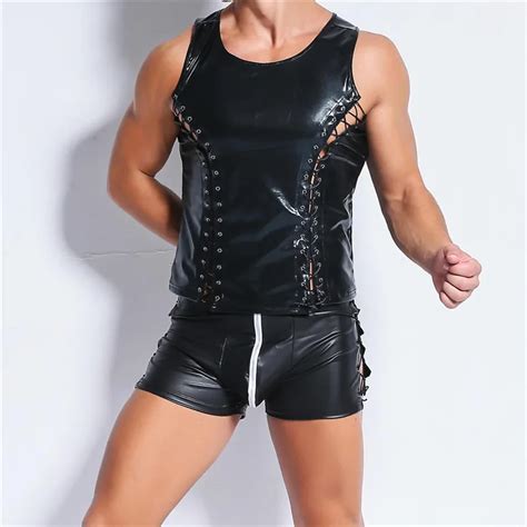 AIIOU Erotic Funny Men PU Faux Leather Undershirts T Shirts Sexy