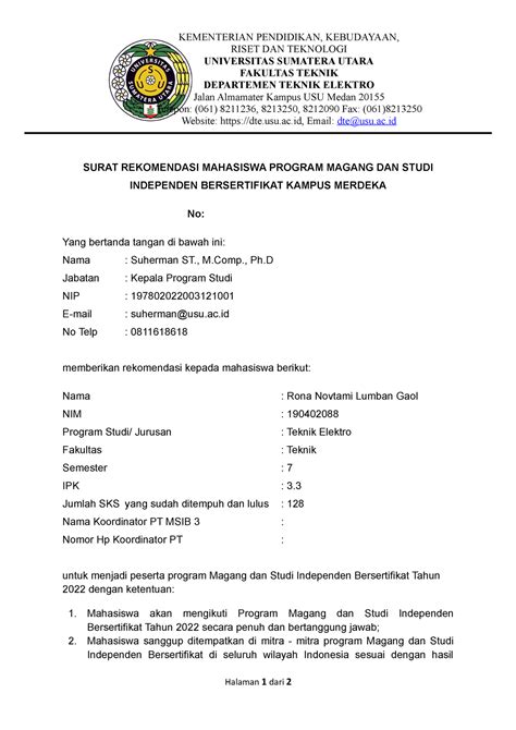 Format Surat Rekomendasi Pt Untuk Mahasiswa Program Msib Angkatan