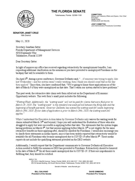 Letter To Secretary Satter From State Senator Janet Cruz Federal