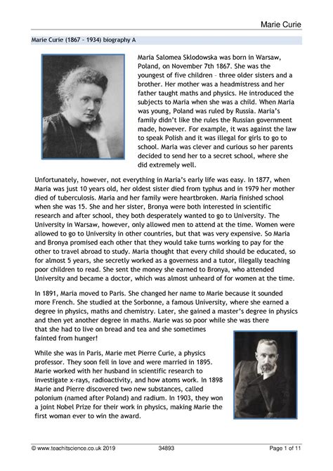 Marie Curie Comprehension Ks Science Teachit