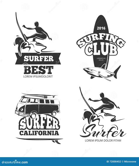 Vintage Black Surf Graphics Emblems And Labels Vector Set Stock