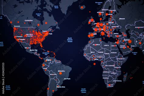 World Map. Coronavirus COVID-19 global cases Map. Red Point showing the ...