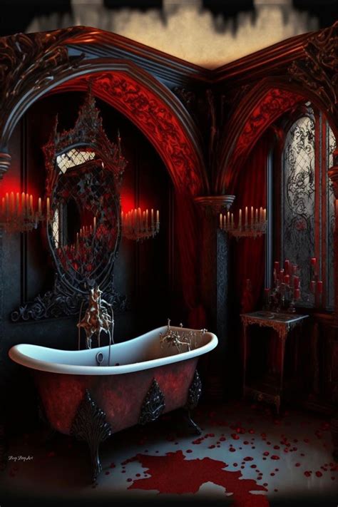 An Old Fashioned Bathtub With Red Paint On The Floor And Walls In A