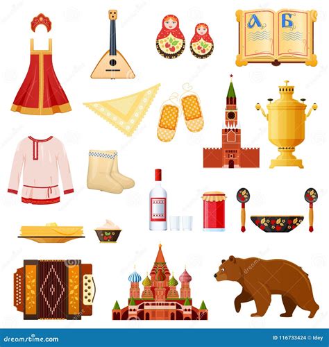 Set Of Traditional National Objects Russian Culture Landmarks Symbols