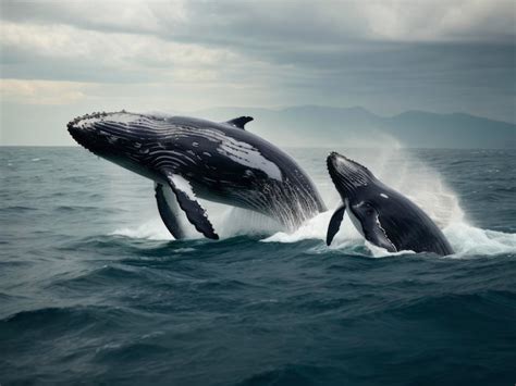 Premium Photo Two Humpback Whales Jumping Out Of The Water In The Ocean