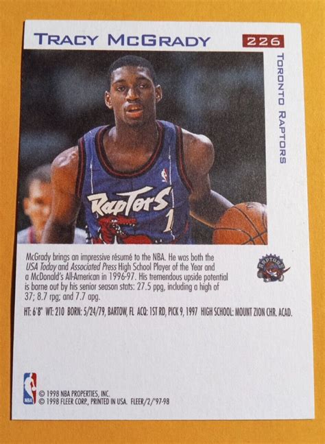 Fleer Tracy Mcgrady Rookie Card Rc Toronto Raptors Ebay