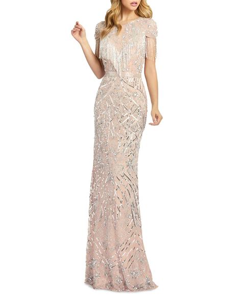 Mac Duggal Womens Embellished Cap Sleeve Fringe Gown Macys