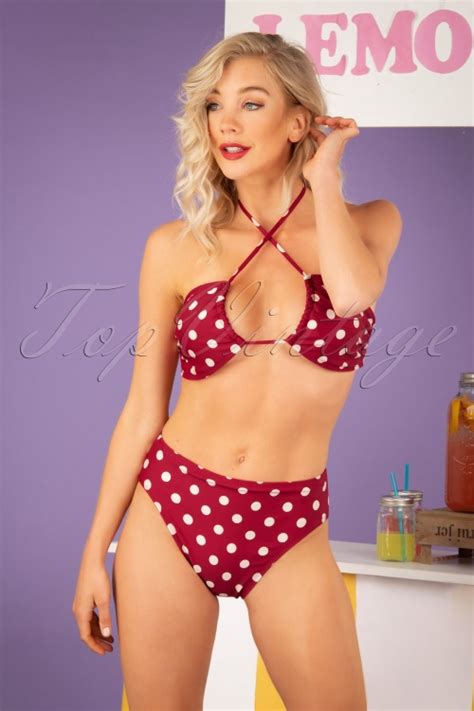 S High Waist Polkadot Bikini Bottoms In Red And White