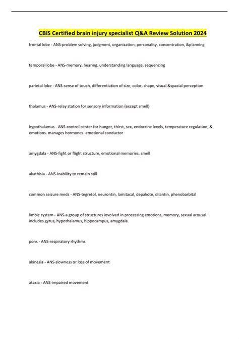 CBIS Certified brain injury specialist Q&A Review Solution 2024 - CBIS