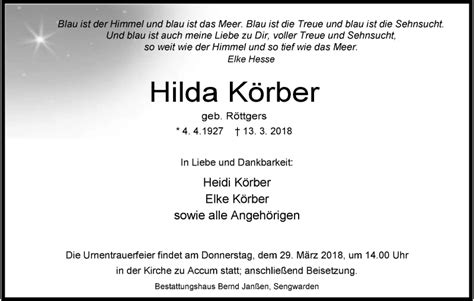 Traueranzeigen Von Hilda K Rber Nordwest Trauer De