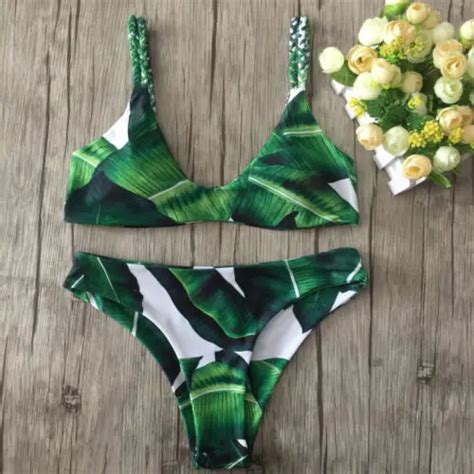 Sexy Women Green Leaves Bikini Set Two Sides Print Bandage Push Up