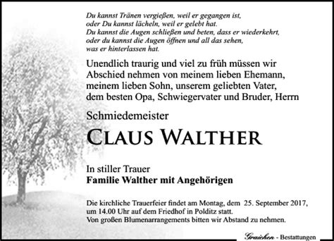 Traueranzeigen Von Claus Walther Trauer Anzeigen De