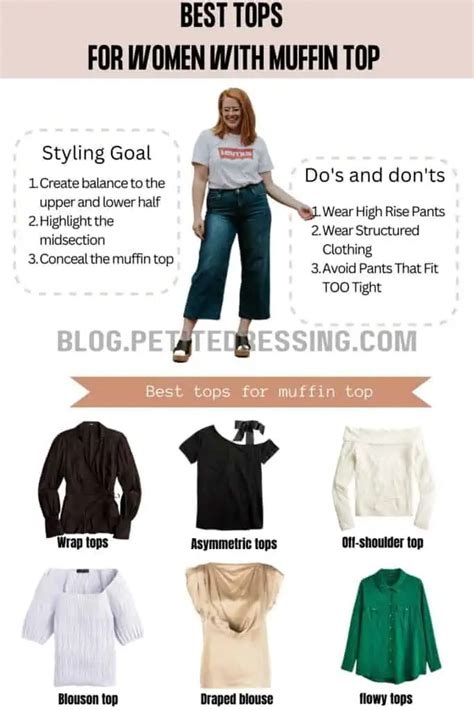 What style tops look good on women with a muffin top - Petite Dressing