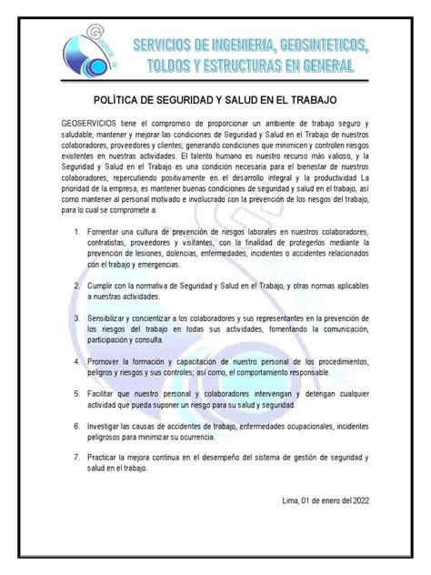 Politica De Seguridad Y Salud En El Trabajo Pdf