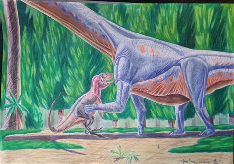 Mamenchisaurus sinocanadorum ruthlessly kicking a Sinraptor dongi (own art!) : Naturewasmetal