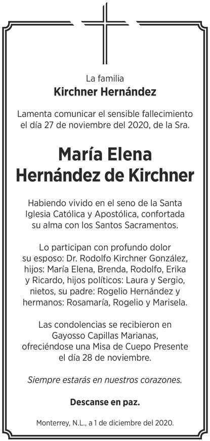 Sra María Elena Hernández de kirchner Obituario Esquela