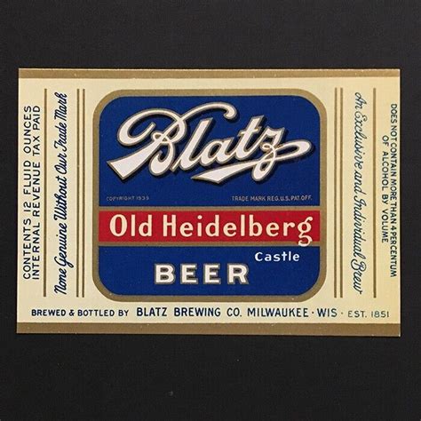 Us Wi Milwaukee Blatz Old Heidelberg Castle Vintage Beer Label Ebay