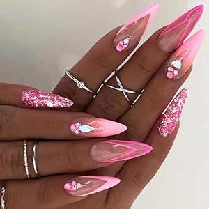 24 Pcs Hot Pink Press On Nails Almond Medium BHLFRH Cute Fake Nails Press Ons Rhinestone