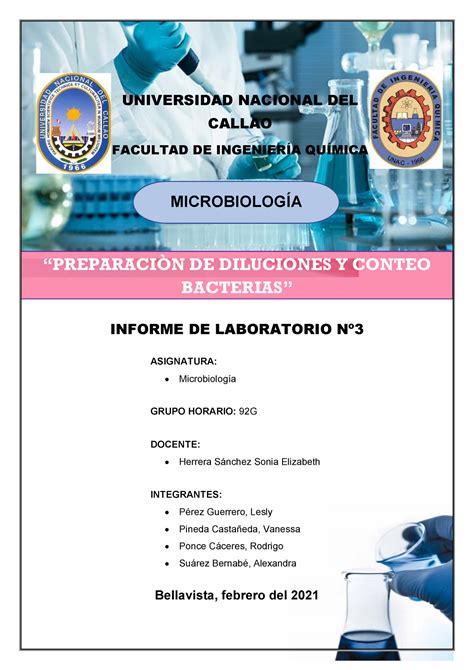 Informe Microbiología Diluciones Semana Nº 2 Grupo 1 Informe De Laboratorio Nº Bellavista