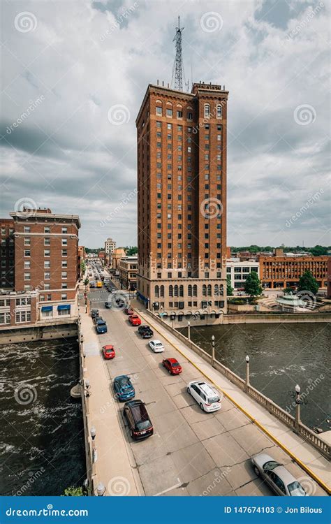 The Fox River And Buildings In Downtown Aurora Illinois Editorial