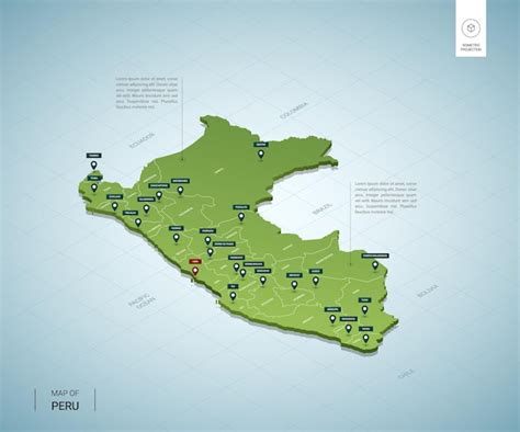 ペルーの定型化された地図。都市、国境、首都リマ、地域の等尺性3dグリーンマップ。 プレミアムベクター