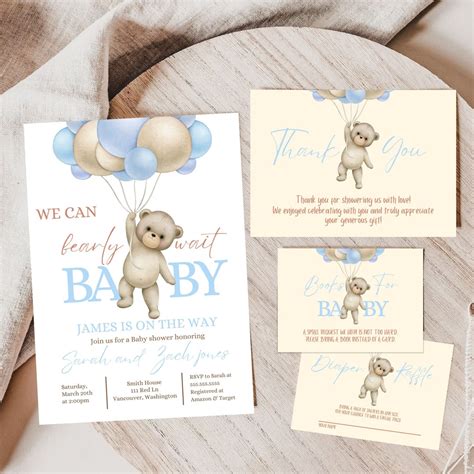 Editable Teddy Bear Hot Air Balloon Bear Theme Baby Shower Invitation Full Set We Can Bearly