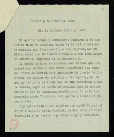 Minuta De La Carta De Emilio Cotarelo A Antonio Rubi En La Que Le