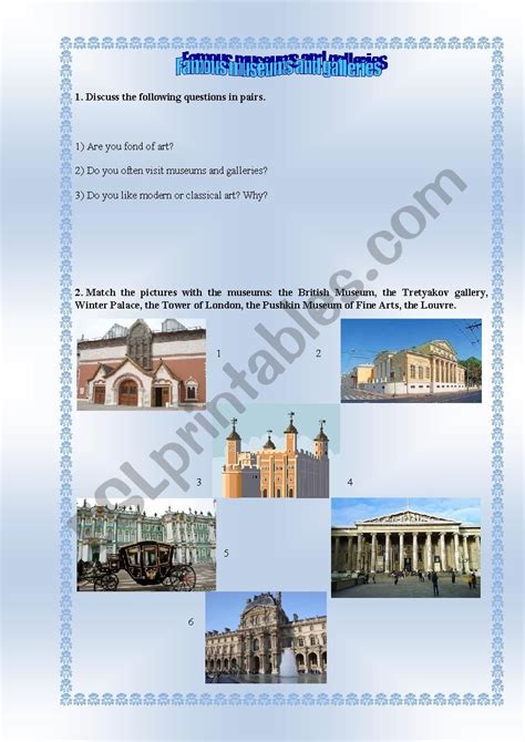 Famous Museums And Galleries Esl Worksheet By Snowgirl555