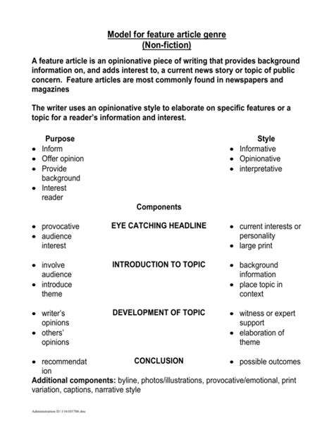 feature article model genre purpose style components