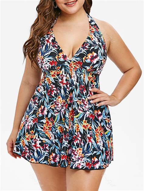 Plus Size Flower Halter Backless Skirted Tankini Swimwear 48 OFF