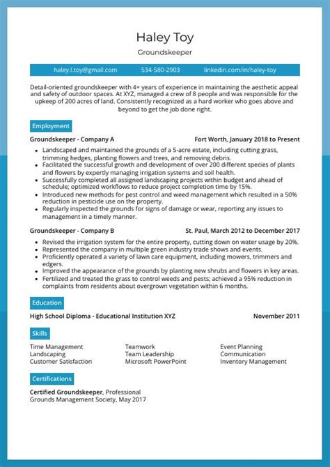 Groundskeeper Resume (CV) Example and Writing Guide