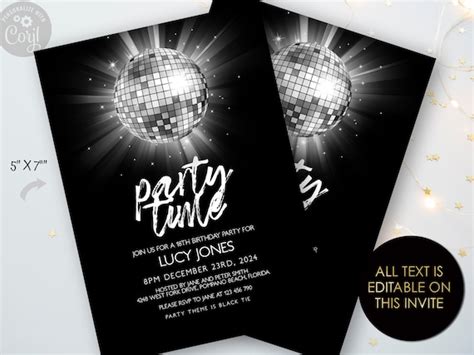 Disco Ball Invitation Party Time Silver Birthday Invitation Template All Text Editable Any