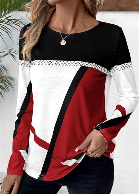 Wine Red Patchwork Geometric Print Long Sleeve T Shirt Modlily