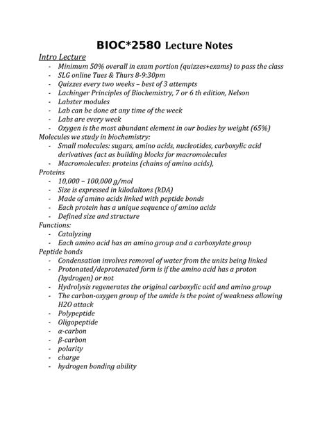 Bioc2580 Lecture Notes Bioc2580 Lecture Notes Intro Lecture Minimum