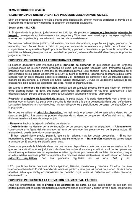 TEMA 1 Derecho Procesal Civil TEMA 1 PROCESOS CIVILES 1 LOS