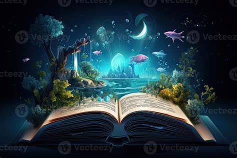 Open Magical Book With Fantasy Landscape Over Pages Created With