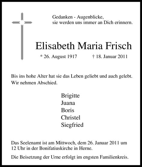 Traueranzeigen Von Elisabeth Maria Frisch Trauer In Nrw De