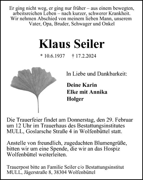 Traueranzeigen Von Klaus Seiler Trauer38 De