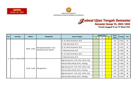 Psikologi USD Jadwal UTS Semester Genap TA 2023 2024