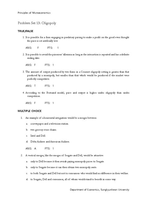 Problem Set Oligopoly Sol Problem Set Oligopoly True False