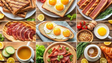 Breakfast Foods Collage Assortment Of Egg Bacon Toast And Pork Meat