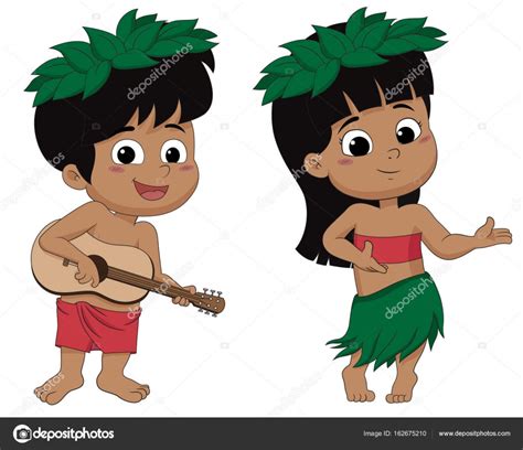 Hawaiian Boy Playing Ukelele And Girl Hula Dancing Vector And Il Stock