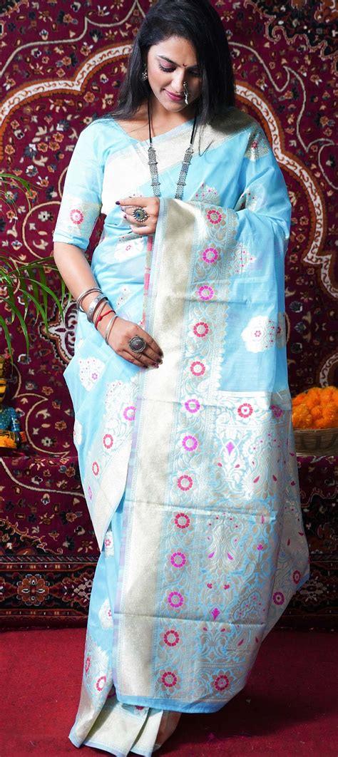 Traditional Blue Color Linen Fabric Saree 1762293