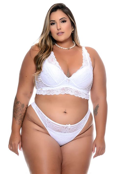 Conjunto Plus Size Microfibra E Renda Fio Branco Vk Moda Plus Size