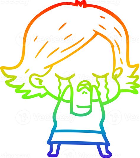 Rainbow Gradient Line Drawing Cartoon Girl Crying 45275264 Png