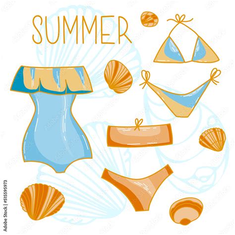 Vector Set Of Cartoon Doodle Swimsuits And Bikini Underwear Elements Beach Beauty Brassiere