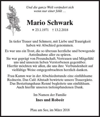 Traueranzeigen Von Mario Schwark Trauer Nordkurier