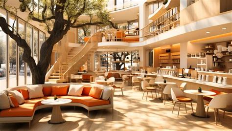 Premium AI Image | the interior of a cafe near a tree with several ...