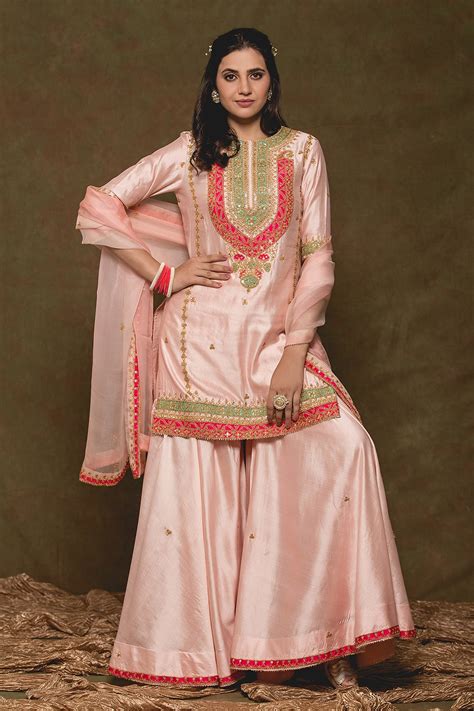 Buy Pink Pure Spun Silk Embroidery Floral Round Kurta Sharara Set For